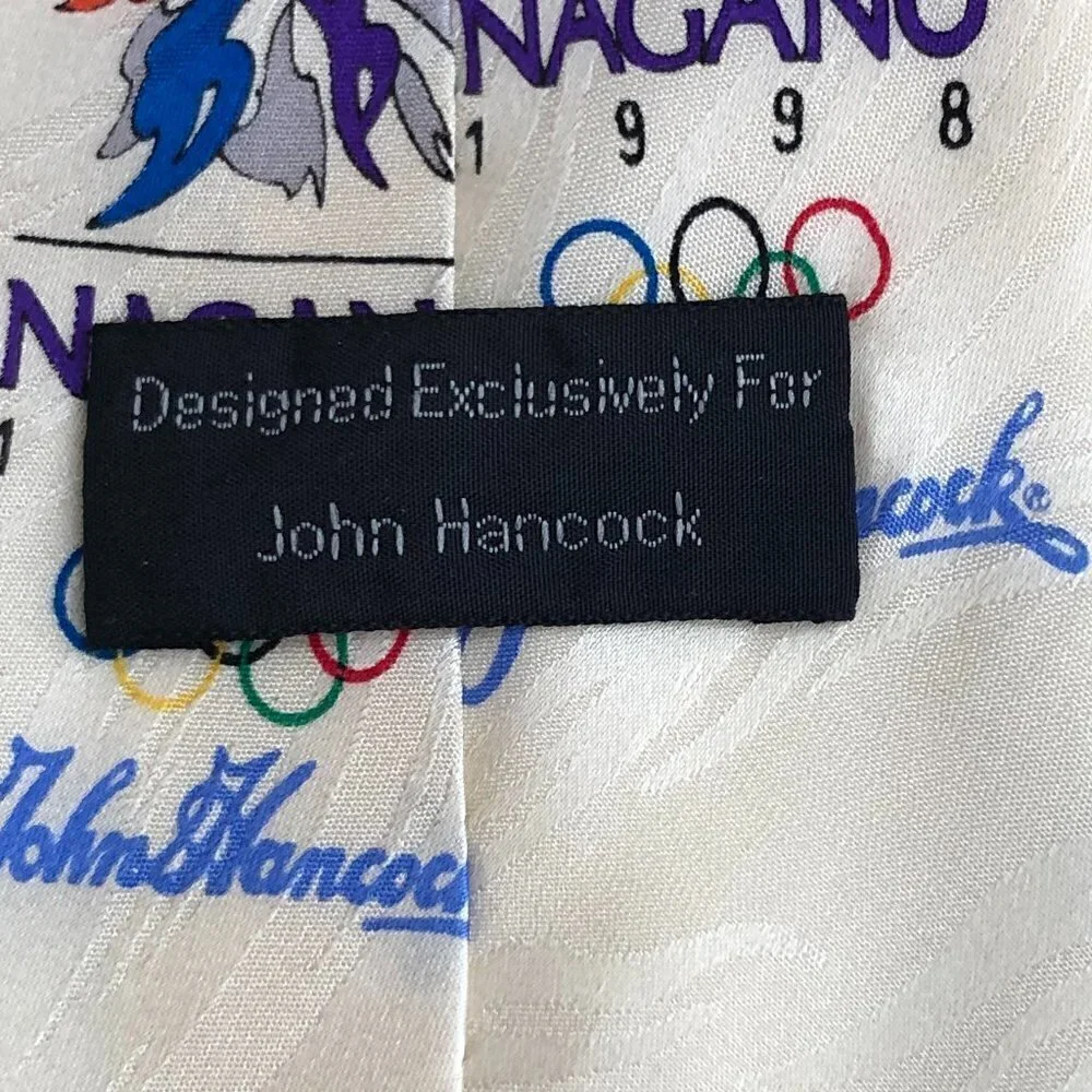 Vintage Nagano 1998 Olympics John Hancock Men's Silk Necktie Ivory Red Blue Tie